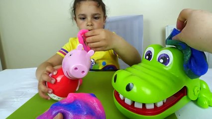 Peppa Pig Slime and Crocodile Dentist are having fun with Rainbow GLITTER SLIME
