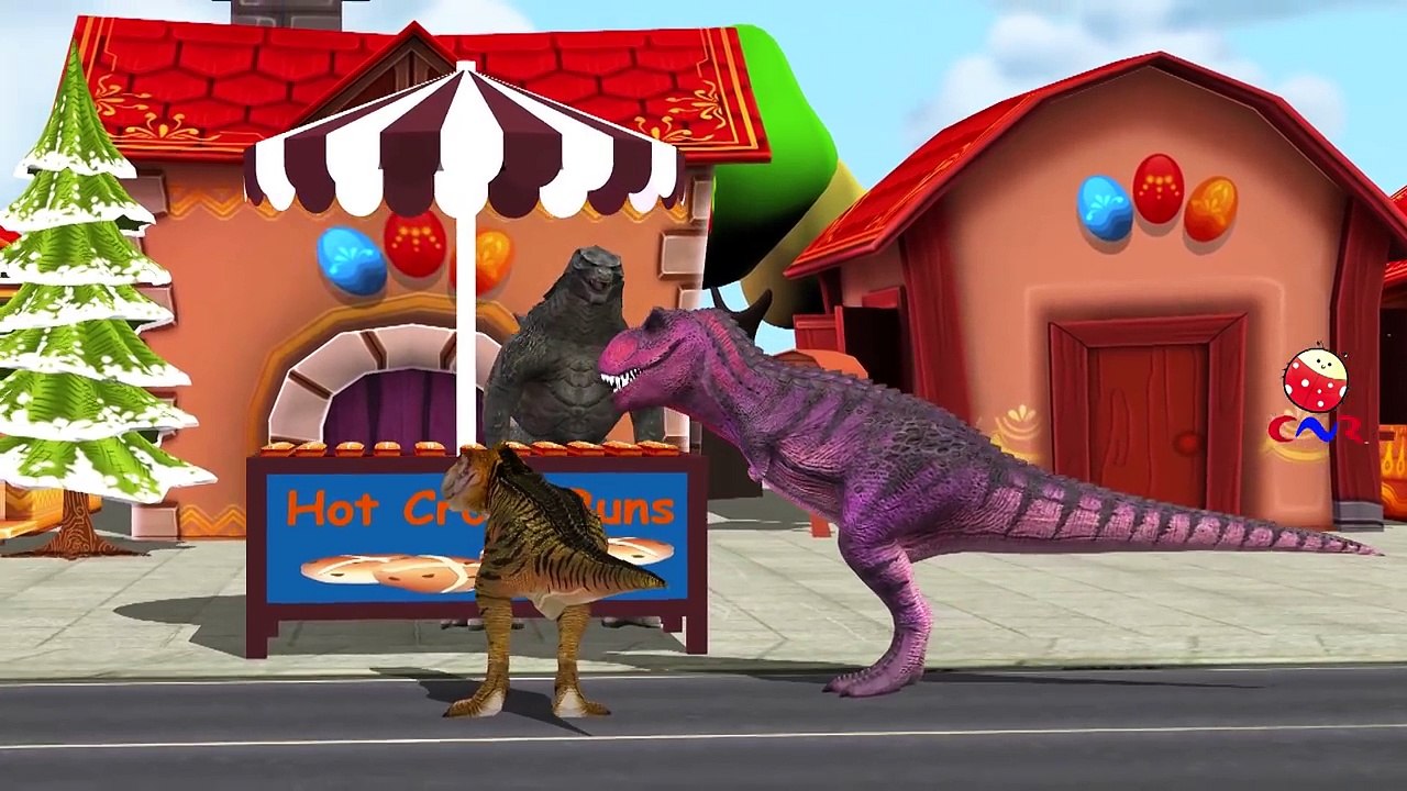 Godzilla Dinosaurs and King Kong Cartoons Singing Hot cross Buns Nursery Rhymes for Children