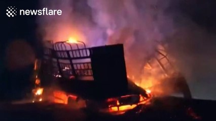 Lorry bursts into flames on motorway