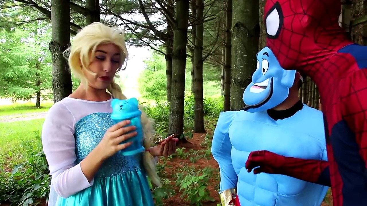 Frozen Elsa & Spiderman vs Genie! w_ Pink Spidergirl, Joker, Maleficent, Princess Anna & Giant Candy-Y0ZwNeUvx4Q