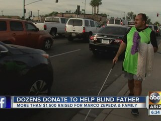 Dozens donate to help blind father who sells brooms along the road
