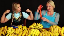 Frozen Elsa vs Anna BANANA CHALLENGE Food Fight w _ Spiderman Joker Maleficent - Superhero Fun IRL-INOHAorfEIQ