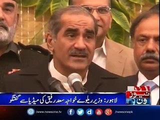 Saad Rafique talks to media in Lahore