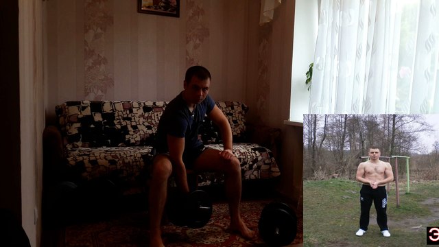 Lifting dumbbells for biceps with an emphasis on hip