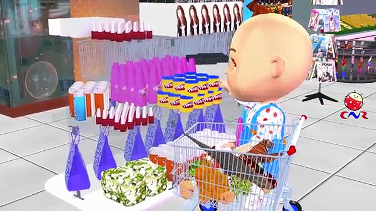 Little Baby Boy Driving Parents Car To Grocery Store Shopping Cart With Dinosaur Giant Balloon Toy