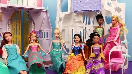 BARBIE CRASHES PARTY DisneyCarToys at Frozen Elsa and Annas Castle with Jasmine and Merida