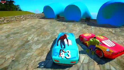 Spider Man Hulk driving Dinoco King 43 Lightning McQueen Disney pixar cars maple valley raceway