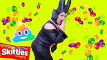 Maleficent Poo Rainbow Skittles with Spiderman & Captain America Superhero Fun in Real Lif