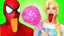 Spiderman With Frozen Elsa & Giant Gummy Candy Chuppa Chups, Pink Spidergirl Superhero in Real Life