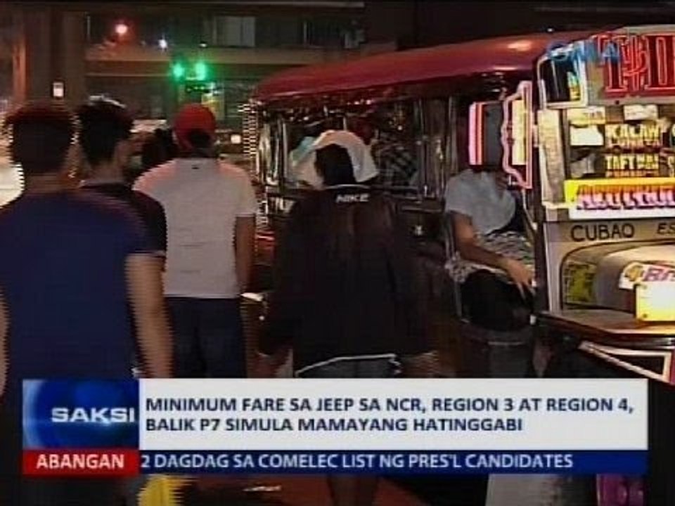 Minimum fare sa jeep sa NCR, Region 3 at Region 4, balik P7 simula mamayang hatinggabi