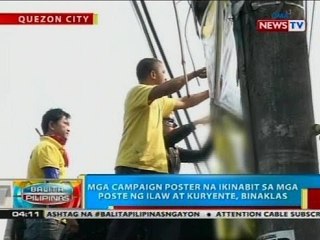 Mga campaign poster na ikinabit sa mga poste ng ilaw at kuryente, binaklas