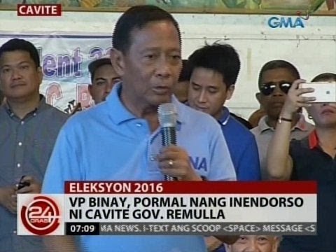 24 Oras: VP Binay, pormal nang inendorso ni Cavite Gov. Remulla