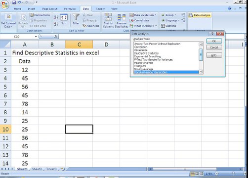 Find Descriptive Statistics in excel