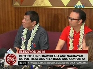24 Oras: Duterte, hindi raw kilala ang nagbayad ng political ads niya bago ang kampanya