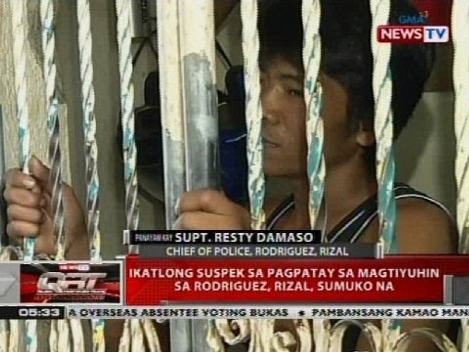 Ikatlong suspek sa pagpatay sa magtiyuhin sa Rogriguez, Rizal, sumuko na