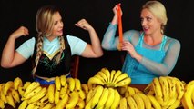 Frozen Elsa vs Anna BANANA CHALLENGE Food Fight w _ Spiderman Joker Maleficent - Superhero Fun IRL-INOHA