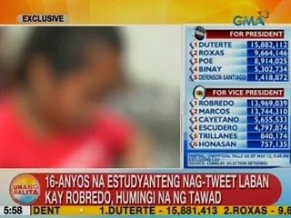 UB: 16-anyos na estudyanteng nag-tweet laban kay Robredo, humingi na ng tawad
