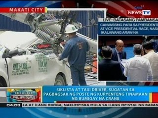 Siklista at taxi driver, sugatan sa pagbagsak ng poste ng kuryente tinamaan ng bumigay na crane