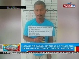 BP: 3-anyos na babae, ginahasa at pinaslang umano ng kapitbahay