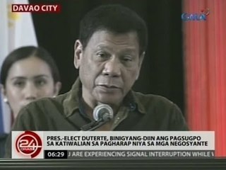 Pres.-elect Duterte, binigyang-diin ang pagsugpo sa katiwalian sa pagharap niya sa mga negosyante