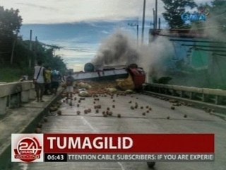 24 Oras: Truck ng niyog, tumagilid sa tulay