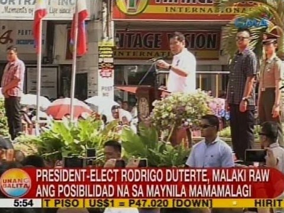UB: Pres.-elect Rodrigo Duterte, malaki raw ang posibilidad na sa Maynila mamamalagi