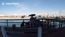 Man is surrounded by pigeons on the Santa Monica Pier