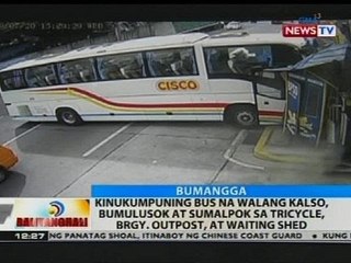 Kinukumpuning bus na walang kalso, bumulusok at sumalpok sa tricycle, brgy. outpost at waiting shed