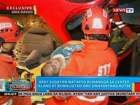 BP: Apat sugatan matapos bumangga sa center island at bumaligtad ang sinasakyang kotse