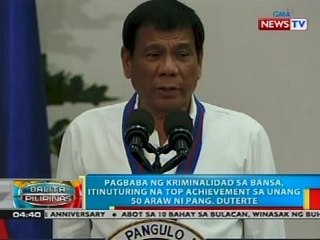 Pagbaba ng kriminalidad sa bansa, itinuturing na top achievement sa unang 50 araw ni Pang. Duterte