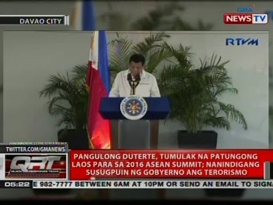 QRT: Pang. Duterte, tumulak na patungong Laos para sa 2016 Asean Summit