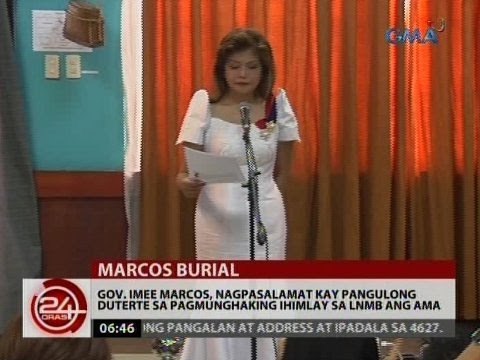Gov. Imee Marcos, nagpasalamat kay Pang. Duterte sa pagmungkahing ihimlay sa LNMB ang ama