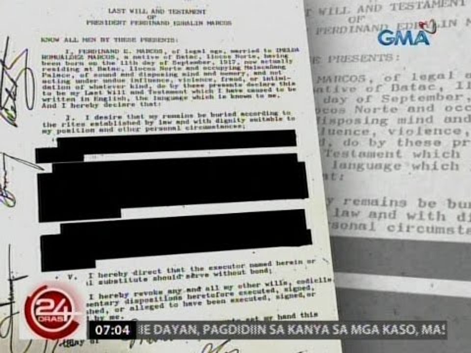 24 Oras: Last will and testament ni Dating Pangulong Marcos, inilabas ng pamilya Marcos