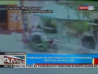 Pagbangga ng motorsiklo sa nakaparadang tricycle, na-huli cam