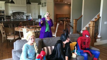 JOKER PLAYS WITH MAGIC DANCE BUTTON!?!? WITH SPIDERMAN MALEFICENT AND FROZEN ELSA PRANK IN 4K