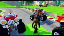 AWESOME Monster Trucks Lightning McQueen Cars & Tow Mater having fun with Mickey Mouse racing!