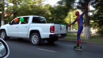 Costumed Character Rollerblades Behind Truck