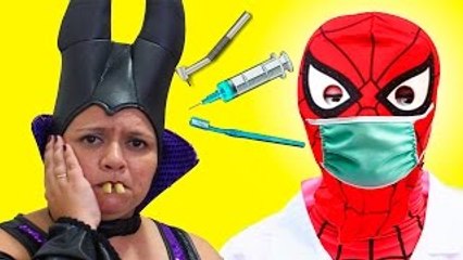 Maleficent vs Spiderman Dentist Tooth Prank Fun Superhero Kids In Real Life