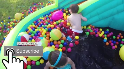 GROSS SLIME BATH SURPRISE TOYS HUNT on Huge Inflatable Water Slide + Golden Egg Surprise Giant Eggs