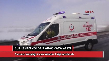 Download Video: Buzlanan yolda 9 araç kaza yaptı