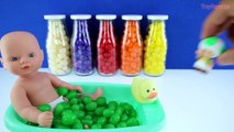 BABY DOLL BATH TIME! Learn Colors w/ Jelly Bean Bottle Toy Surprises - Kids Toddlers