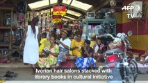 Ivorian hair salons filled with library books in cultural scheme