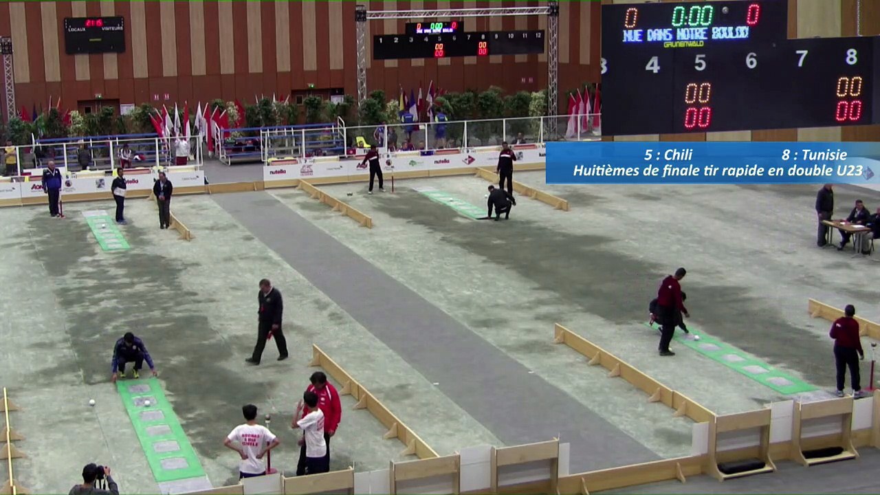 Huitièmes de finale, tir rapide en double U23, Chili et Tunisie, Sport Boules, Mondial Jeunes, Monaco 2016