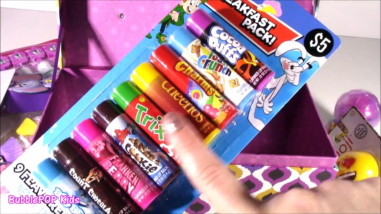 Little Boxie full of LIP BALM & TREATS! 9 Cereal Balms! Cupcake Lip GLOSS! Squishy Squinkies! FUN