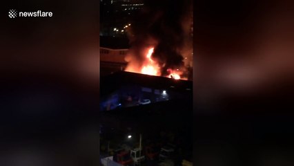 Boat engulfed in flames at Deptford Creek, London