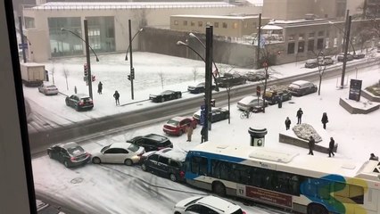 Bus Slides Into Multiple Cars On Snowy Street In Montreal