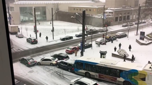 Bus Slides Into Multiple Cars On Snowy Street In Montreal