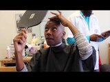 Woman headshave in a barbershop ( curly hair )