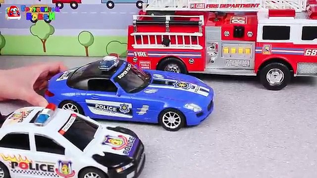Полицейские машины - сыщики нашли колесо. Полиция в погоне за преступником. Пожарные машины. Мультик