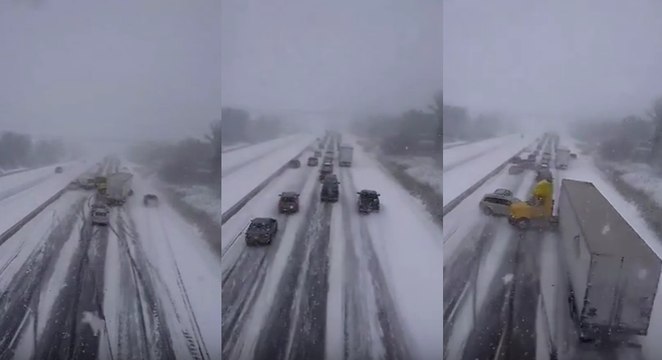 Début d'un accident de 100 véhicules sur une autoroute enneigée à newcastle